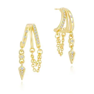 14k Gold Plated Triple Huggie Stud Earrings Dainty Drop Earrings for Women Trendy CZ Chain Earrings Minimalist Jewelry  Mother's Day gift