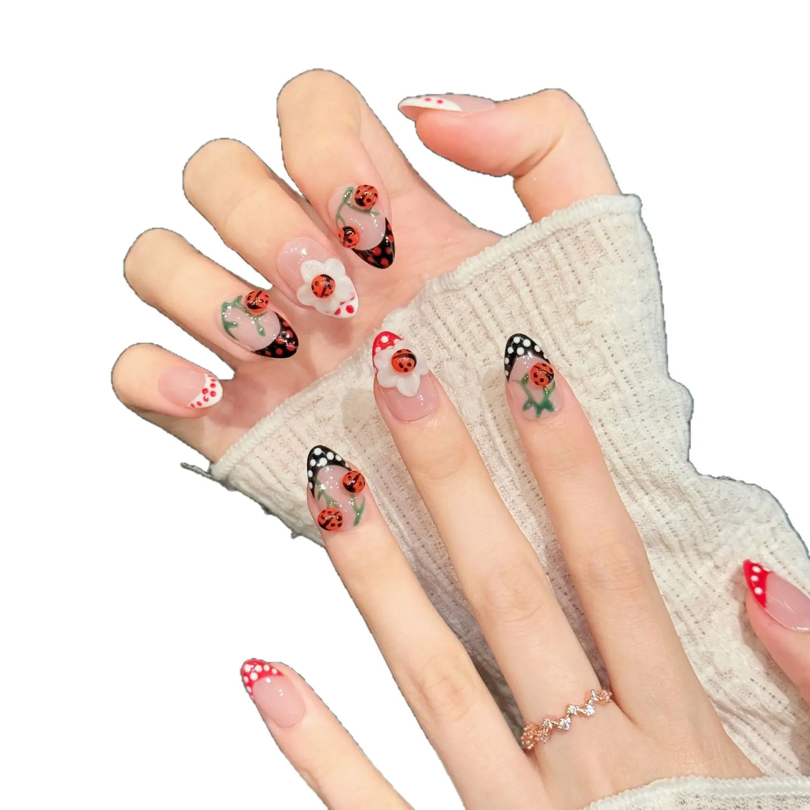 Reusable Press-On Nails, Hand-Painted Fake Nail Art Kit with Flower & Butterfly Designs, Almond, Duckbill & Pointed Shapes with Zircon & Gradient Halo Accents, Beauty Products