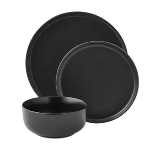 Alessandra Matte Black 12-Piece Stoneware Dinnerware Set for Kitchen and Dining Bowl Cutlery