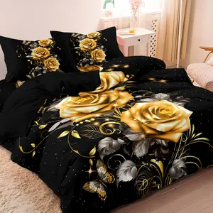 Rose & Butterfly Pattern Bedding Set, 1 Duvet Cover & 2 Pillowcases without Filler, Soft Comfortable Bedding Set for Bedroom & Dorm Room, Duvet Cover Sets