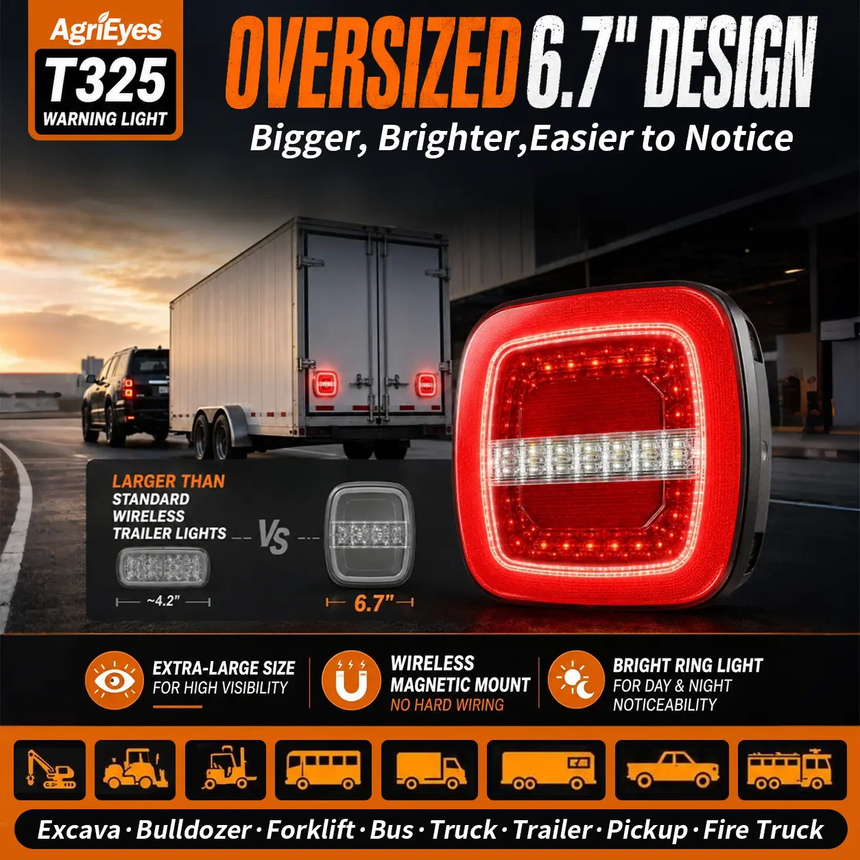 AgriEyes T325/T42/T28 Wireless Magnetic Trailer Light Kit - Heavy-Duty LED Car Lights, USB-C Rechargeable, IP67 Waterproof, 22 LEDs, 5 Modes, Strobe Emergency Warning, 1-Year Warranty, Strobe Light