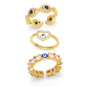 14K Gold Plated Evil Eye Adjustable Ring Set for Women, 3Pcs CZ Diamond Open Cuff Evil Eye Ring, Stackable Protection Jewelry Gift for Mom Friends