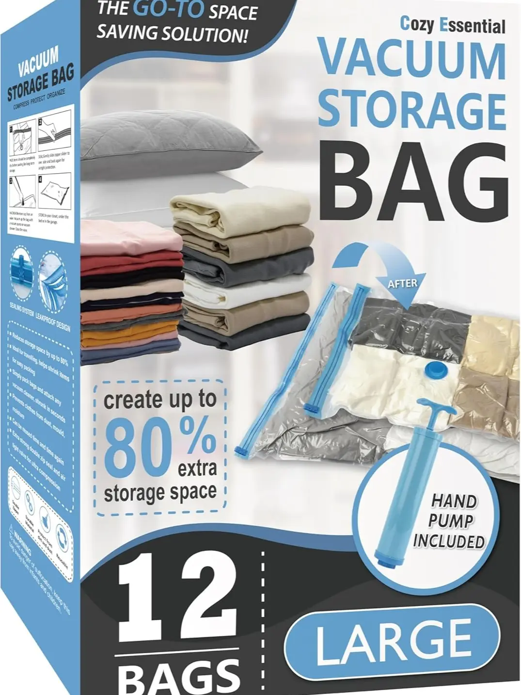 Cozy Essential 12 Pack Large Vacuum Storage Bags, 80% Space Saving Airtight Vacuum Compression Bags for Clothes, Blankets, Pillows, Bedding & Comforters, Compatible with Vacuum Sealer Machine