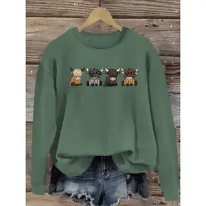 [Cozy Cartoon Cow Print Sweatshirt] Women's Cozy Polyester Cartoon Cow Print Sweatshirt - Casual Round Neck, Long Sleeve Pullover | Machine Washable, Perfect for Fall/Winter