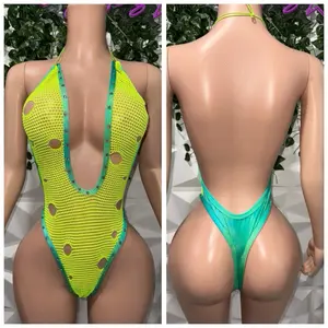 Exotic Dancewear - Neon Green & Teal Mesh One-Piece Swimsuit with Unique Cut-Out Design for Dance Performances
