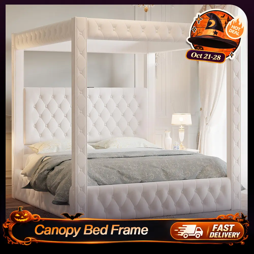 【King Size Shipped in 2 Boxes】AMERLIFE Canopy Bed Frame with 74.8" Tall Four-Post Design and 51.2" Deep-Tufted Velvet Upholstered Headboard with Charging Station/Modern Light-Luxury Style/No Box Spring Needed #SohoChic