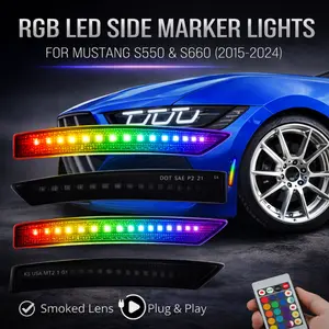 RGB LED Side Marker Lights for Ford Mustang (2015-2024+), Smoked Lens, Plug & Play, Remote Controlled RGB LED Lighting