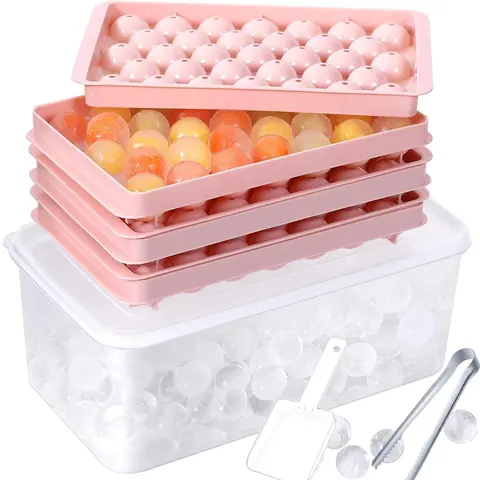 MIUVA 3-Pack Plastic Stackable Ice Ball Maker Trays with Lid+Bin Storage, ABS Kitchen Utensils for Freezer, Small Circular Molds for Drinks, Blush Pink Container (Mother's Day Gift Option)