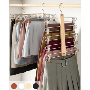 Skirt Hangers Space Saving with Clips - 2 Pack - European Beechwood 5-Tier Hanger for Shorts, Skirts, and Pants - Closet Organizer and Storage Solution for Women with 360? Swivel Hook
