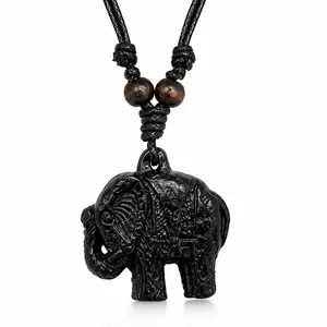 Elephant Pendant Necklace Unisex Adjustable Cord Necklace Brown Black Elephant Jewelry Boho Ethnic Spiritual Resin Pendant