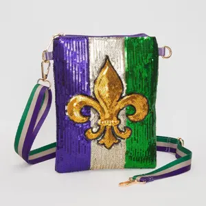 Fleur de Lis Mardi Gras Sequin Crossbody Bag: Purple