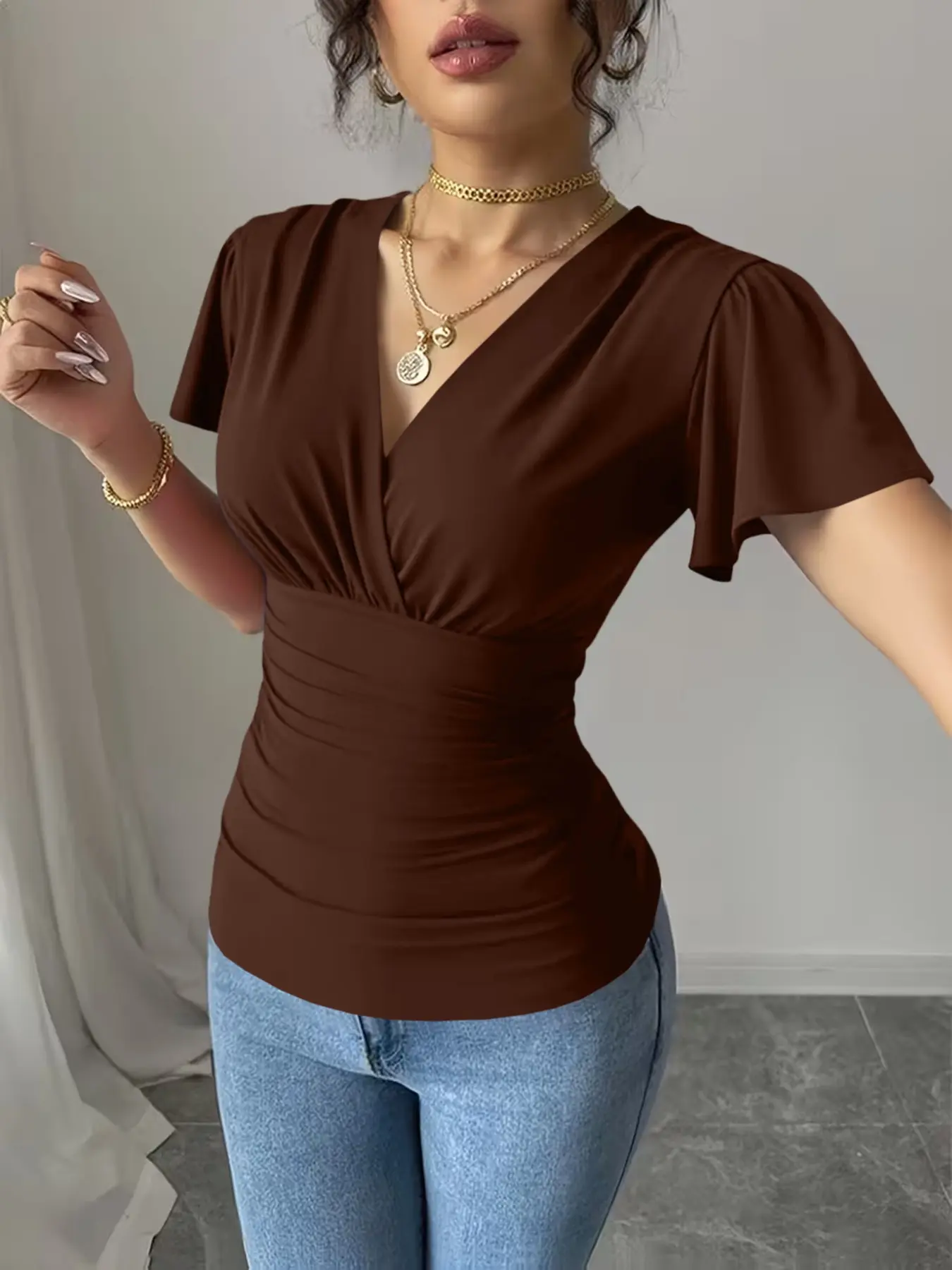 Summer French Elegance Ruffled V-Neck Ruffle Sleeve Top, High Waist Cinched Waist, Commuter Date Night, Women's Fashion, Womenswear, Fit