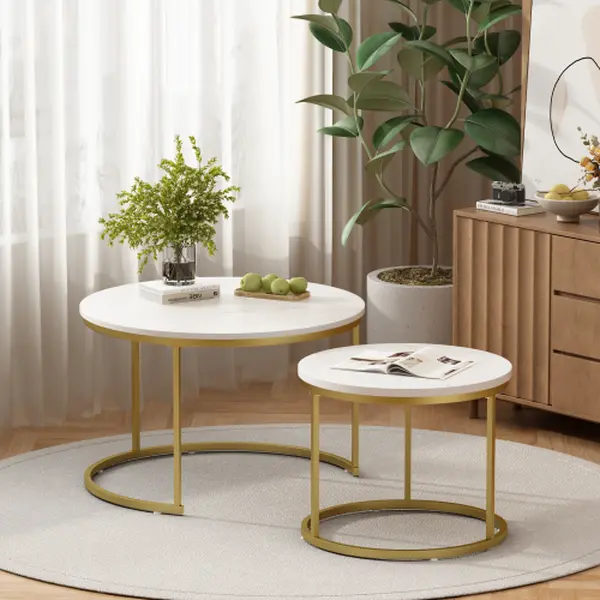 【Bellemave】Nesting Coffee Table Set of 2  27.6inch Round Coffee Table Wood Marble Pattern Top with Sturdy Metal Frame, End Table Side Tables for Living Room Bedroom Balcony Yard (White)