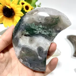 IG Crystal Moss Agate Moon Shape Crystal Natural Stone Gem Mining Chakra Balancing Reiki Healing Crystal Mystery Crystal Display Crystal Shopping Online Home Office Decor
