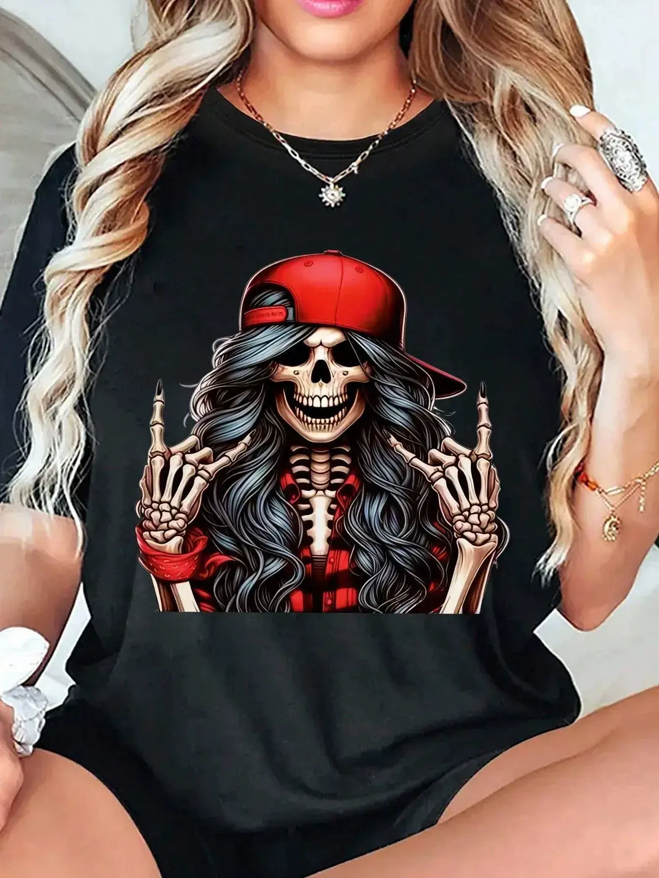 Rock On Female Skeleton Red Cap Plaid Flannel Rock Graphic T-Shirt, Rock Music Gothic Casual Short Sleeve Tee cotton unisex streetwear statement tee funny meme