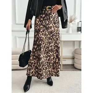 Casual High-Waisted Leopard Print Long Skirt, Spring/Summer Maxi Women Outfit Fabric Womenswear
