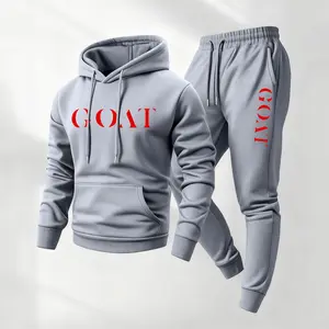 Men's Goat Letter Printed Hoodie and Drawstring Sweatpants Set, Menswear, Casual Athletic Long Sleeve Hooded Jacket & Trousers for Fall & Winter, Men's Clothing for Daily Wear, Sportswear Indoor Outdoor, Tracksuit, Athleisure Summer Clothes