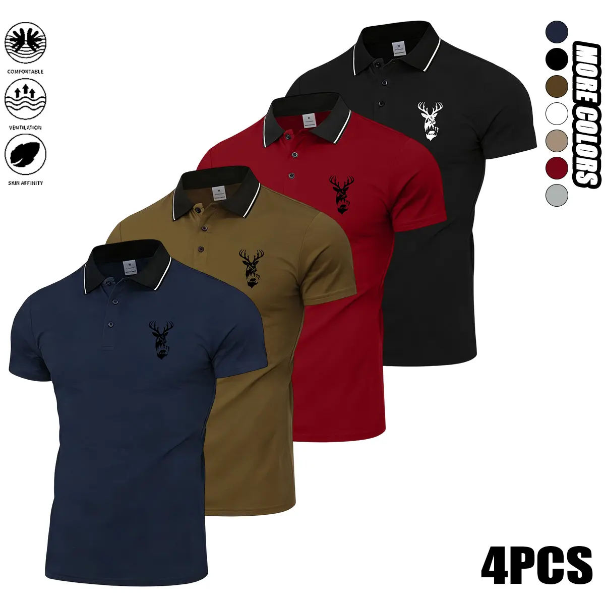 Men's 4-Pack Classic Polo Shirts, Short-Sleeve Buttoned Basics in Moisture-Wicking Polyester Fabric for Casual Business or Streetwear, Buttoned Polo Shirts, Button Front