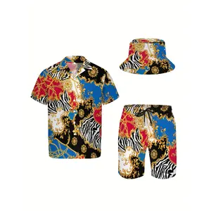 3pcs Men'S Hawaiian Shirt And Short Set, Blue Red Golden Chain Luxury Baroque Soft Fabric Breathable Shirt Button Short Sleeve Casual Beach Shirts Outfits With Bucket Hats