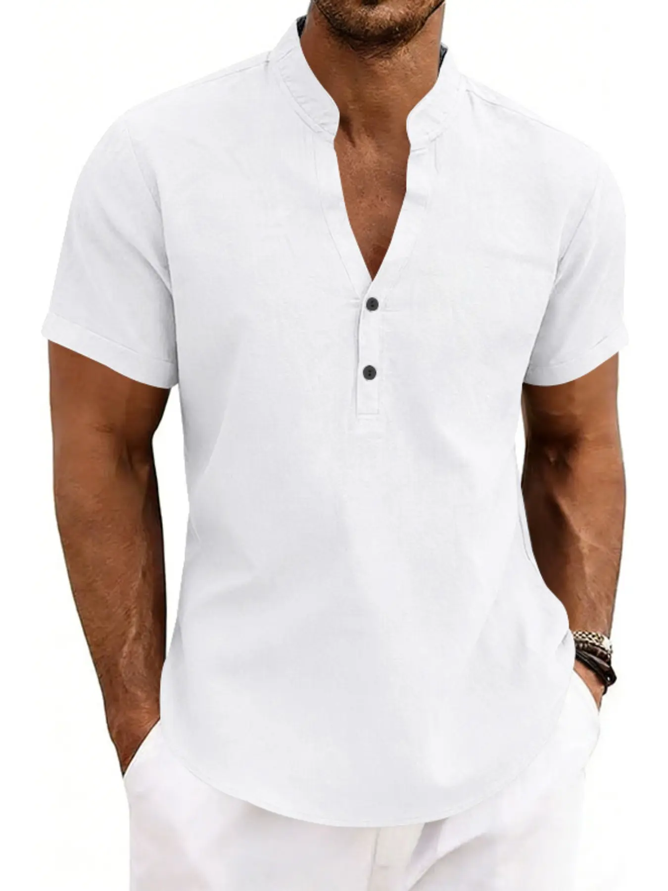 Men's Summer Solid Color Linen Henley Shirt for Daily Wear, Short Sleeve Stand Collar T-Shirt, Breathable Casual Summer Top, Beach Vacation Essential, Casual Fashion Shirt, Lightweight, Multiple Colors Available