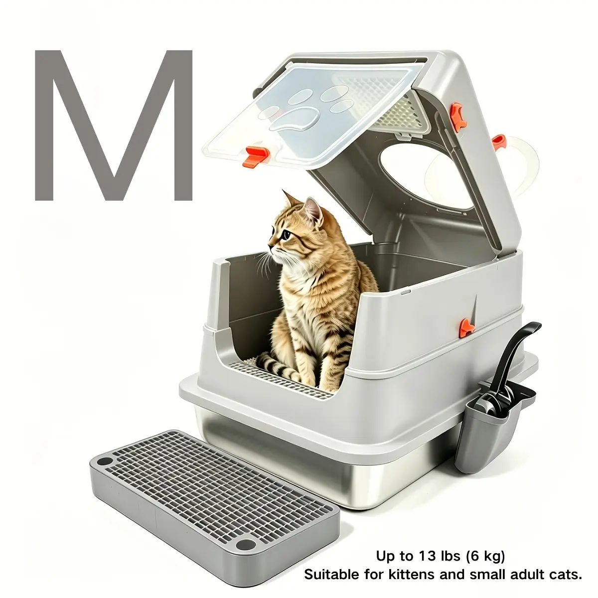 Petwhole Stainless Steel Cat Litter Box - High Sides, Front Entry & Top Exit, Odor Control, Non-Stick, Rust Resistant, Easy to Clean with Free Litter Scoop (Cat Supplies)