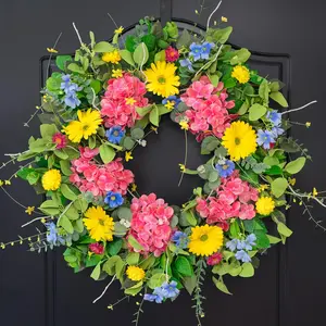 Summer Wreaths for Front Door 24 Inch Summer Wreath with Vibrant Dahlia, Gerbera Daisy & Primula Floral Arrangement - All Seasons Summer & Spring Door Wreath for Outside Decor