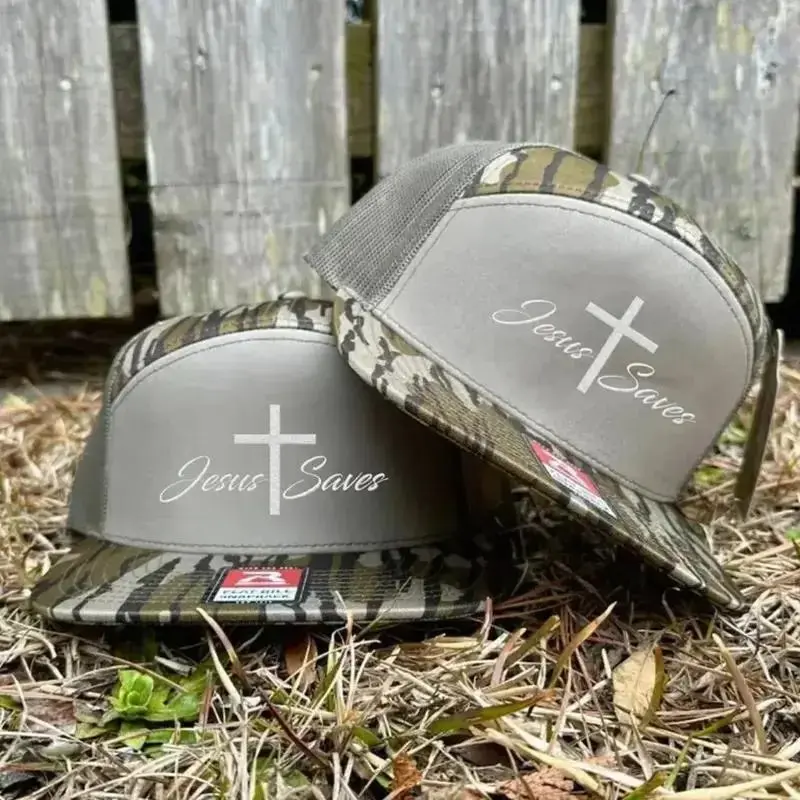 Jesus Saves Embroidered 7 Panel Hat – Brown/Khaki/Brackish/Bottomland Camo/White/Black Mesh Snapback, Christian Faith Trucker Cap