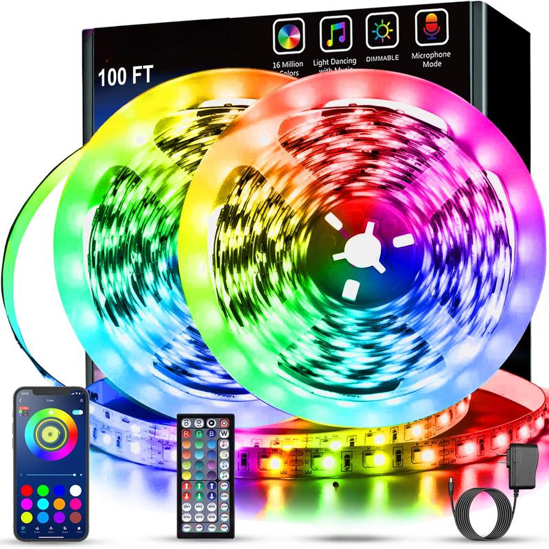 [New Deal] 100 ft. (2 Rolls of 50ft) RGB Led Lights for Bedroom Music Sync Remote App Control Bluetooth for Room Home Kitchen Décor Party