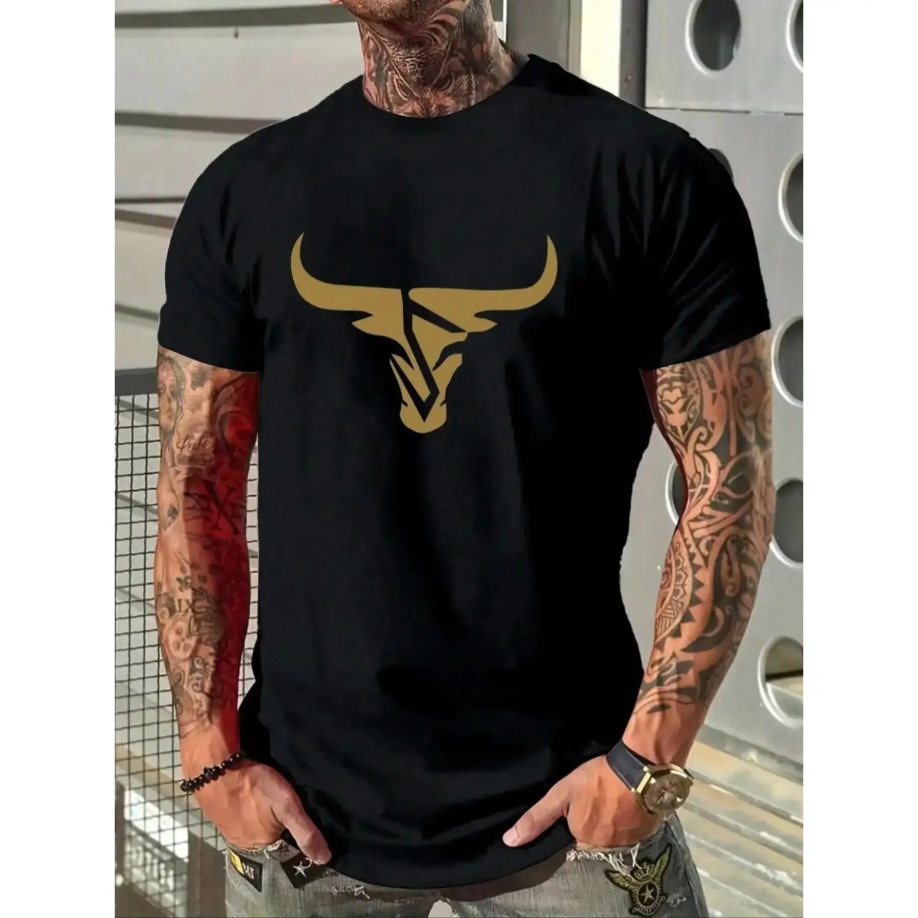Men Bull Head Print Graphic Round Neck Tee Casual Trendy Regular Fit Short Sleeve Crew Neck Summer Daily 2026