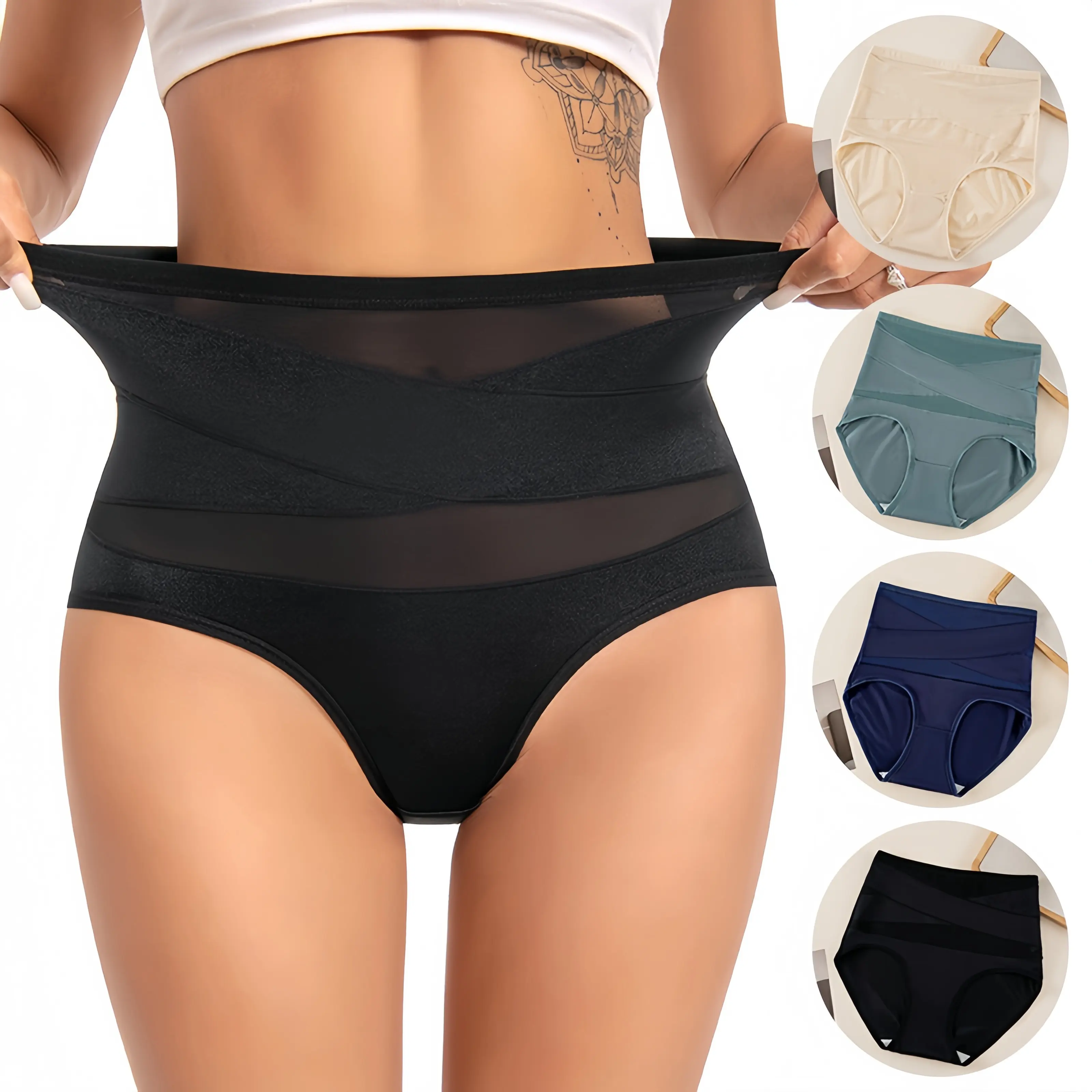 Women's High-Waisted Letter Mesh 3-pcs Shapewear Panties - Navy, Tummy Control, Cross Compression Muffin Top Smoother, Extra Soft Breathable Light Fabric, Plus Size-Friendly, Hidden Support Built-in Underwear Briefs, Curvy Hip Slimming Lingerie