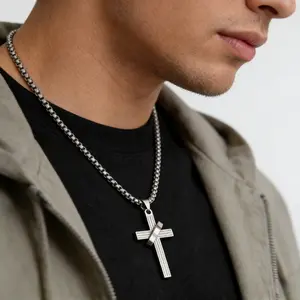 Modern Cross Charm Necklace for Men Women, Spinning Text Design, Silver/Black Two-Tone Options