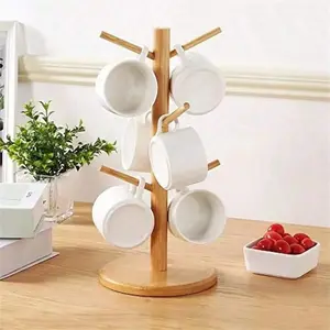 Bamboo Mug Holder Tree, Coffee & Tea Cup Organizer with 6 Hooks, Stylish Counter Top Storage Solution, Perfect for Coffee Bars