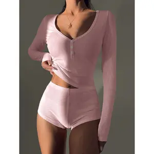 Women matching sets High Quality Soft Ribbed Knit Loungewear Set Long Sleeve Crop Top High Waisted Shorts Relaxed Fit