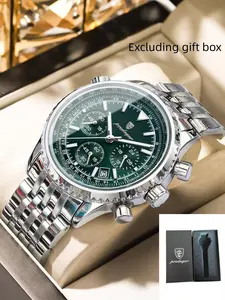 Business Fashion Round Dial Analog Quartz Watches for Men, Trendy Multifunctional Luminous Fashionable Watch, Waterproof Luminous Date Chronograph Watch, Stainless Steel Watch for Men Gifts, with Box