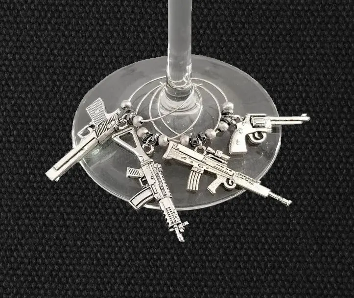 2nd Amendment Gun Wine Glass Charms Set of 4 with Detailed Gun Designs for Easy Identification