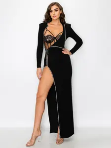Two Piece Women‘s Sexy Long Sleeve Cutout Slit Maxi Dress， Lace Bodysuit and Adjustable Straps for Party or Formal Event