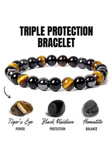 Triple Protection Stone Bracelet, Neutral Accessory, Hematite Obsidian Tiger Eye, Fashionable Multi-Functional Design, Gift for Friends