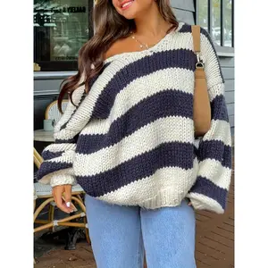 Women's Fall Striped Sweater Drop Shoulder Long Sleeve V-Neck Loose Knitted Tops(Raincoats)