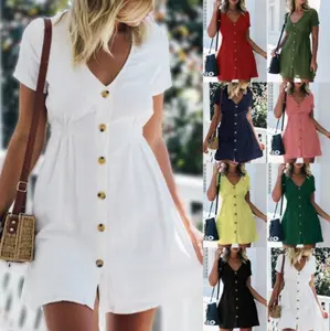 Women's High-Waist Cotton-Linen Fabric Casual Dress - Long Sleeve, Solid-Color V-Neck, Slim-Fit, Single-Breasted Button, Lady's Daily Casual Wear 1-Piece Clothes