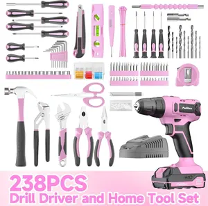 PULITUO 238-Piece 20V Cordless pink Drill & Tool Set, Rechargeable, Lightweight & Portable, Multi Functional Electric Drill Tool Set, All in One Tool Kit for Home, Bike, Woodwork & Garden powertools, diy project