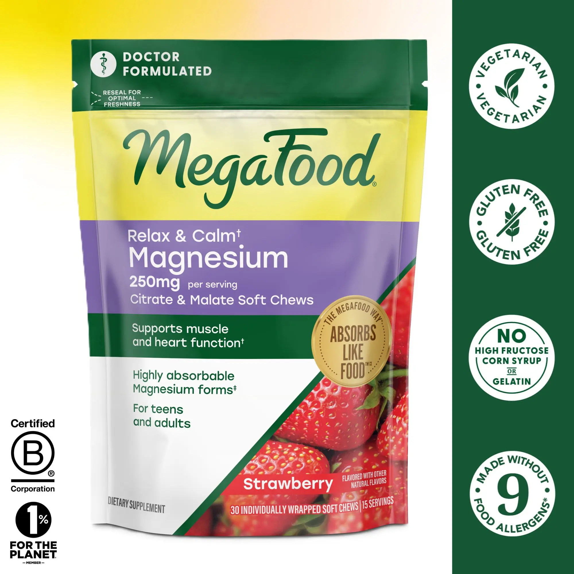 MegaFood Relax + Calm Magnesium Complex with Magnesium Citrate & Malate - Doctor Formulated Adult Daily Dietary Selfcare Supplement for Heart Health, Muscle Tension - Vegetarian Strawberry Flavor 30 Individually Wrapped Soft Chews