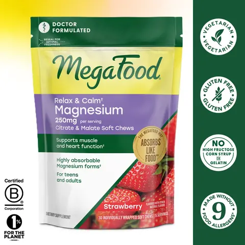 MegaFood Relax + Calm 250mg Magnesium Complex with Citrate & Malate - Doctor Formulated Dietary Calming Aid Supplement for Adults, Heart Health, Muscle Tension - Dairy-Free, Glyphosate-Free, Vegetarian Strawberry 30 Wrapped Soft Chews (30 Servings)