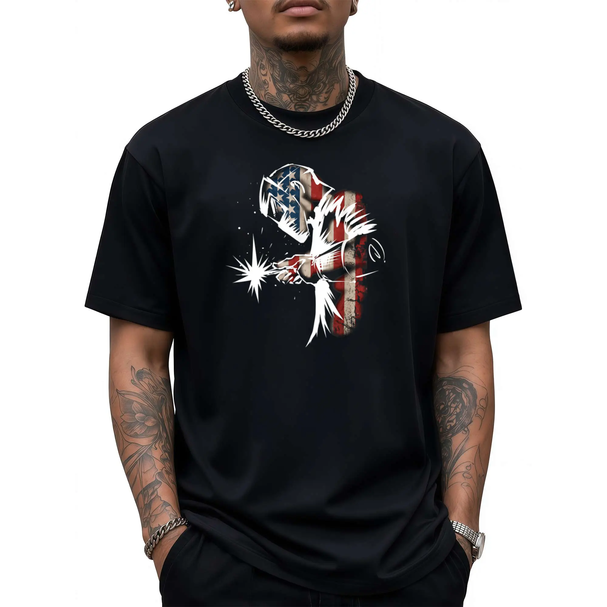 Men'S Welder American Flag T-Shirt - Heavyweight Crew Neck Short Sleeve with Welding Sparks & Welder Symbol, Slight Stretch All-Season Workwear Casual Tee for Welding Enthusiasts, Welding Gifts for Men, Patriotic Welding Apparel