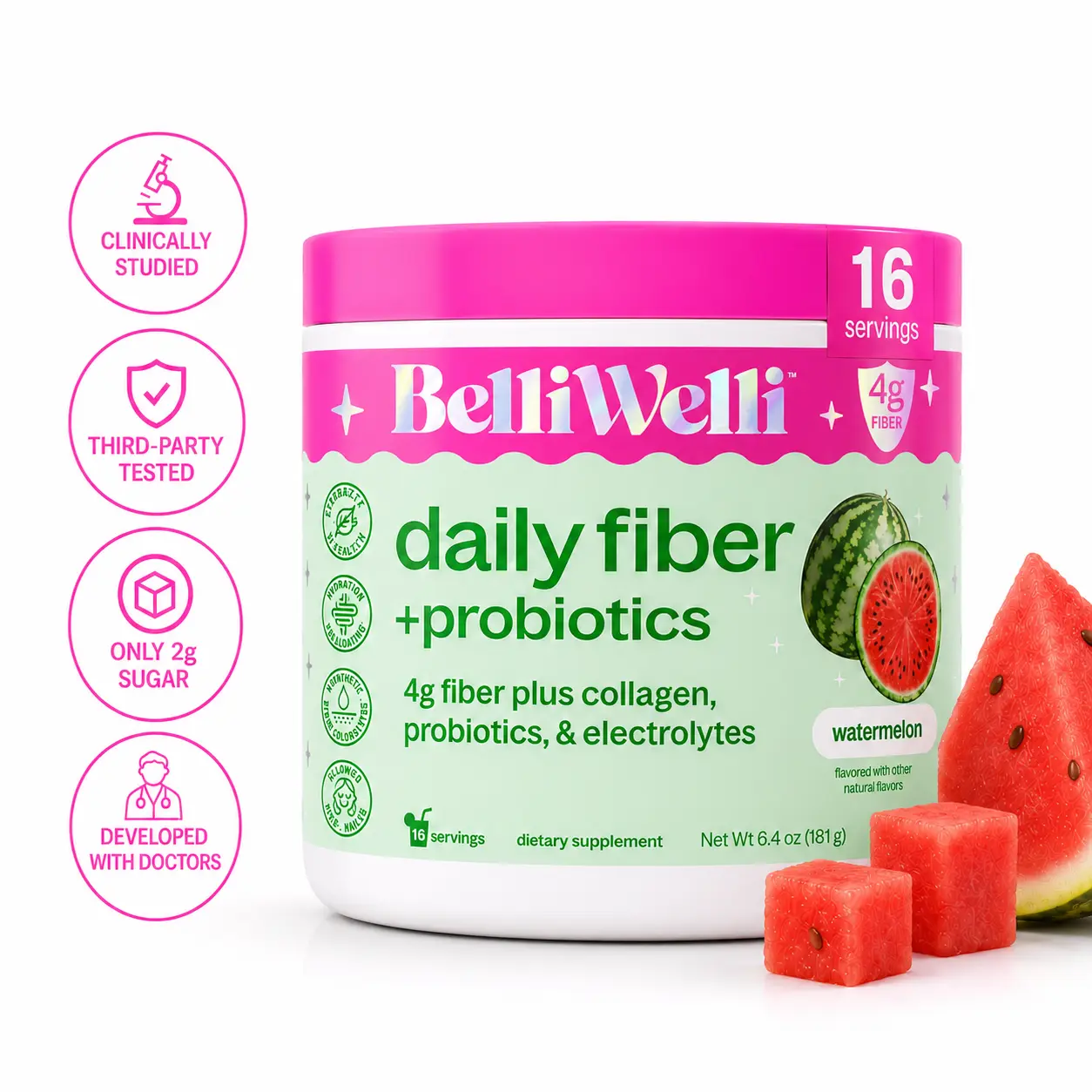 BelliWelli Daily Fiber + Probiotics + Collagen - Watermelon Health Fitness BelliWelli Daily Fiber + Probiotics + Collagen - Watermelon Health Fitness