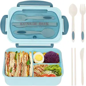 Bento Box for Adult, 1200 ML Lunch Containers, LeakProof Lunch Box with Utensils, BPA Free, 3 Compartment Bento Box Microwave Safe, Blue Lid Silicone Tableware Kitchenware Food Christmas Tableware Sets Gift Salad Vegetable