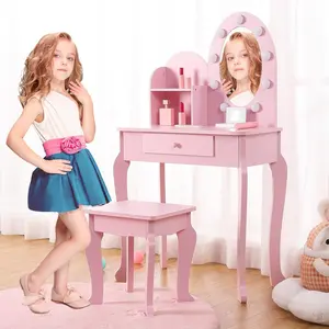 Gaomon Pink Girls Vanity Makeup Desk Set - Vanity with Light, Stool, Drawer and Pretend Makeup Playset