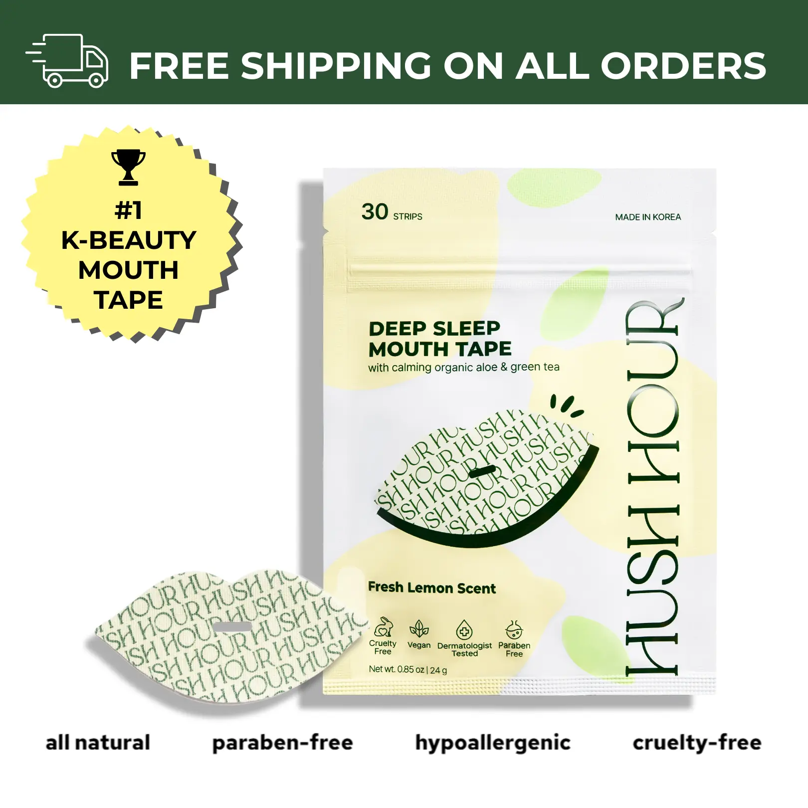 HUSH HOUR Lemon Breathable Mouth Tape - 30 Strips, Organic Green Tea, Skincare Tool for Rest Recovery, Deep Sleep & Lip Care Jawline Contouring