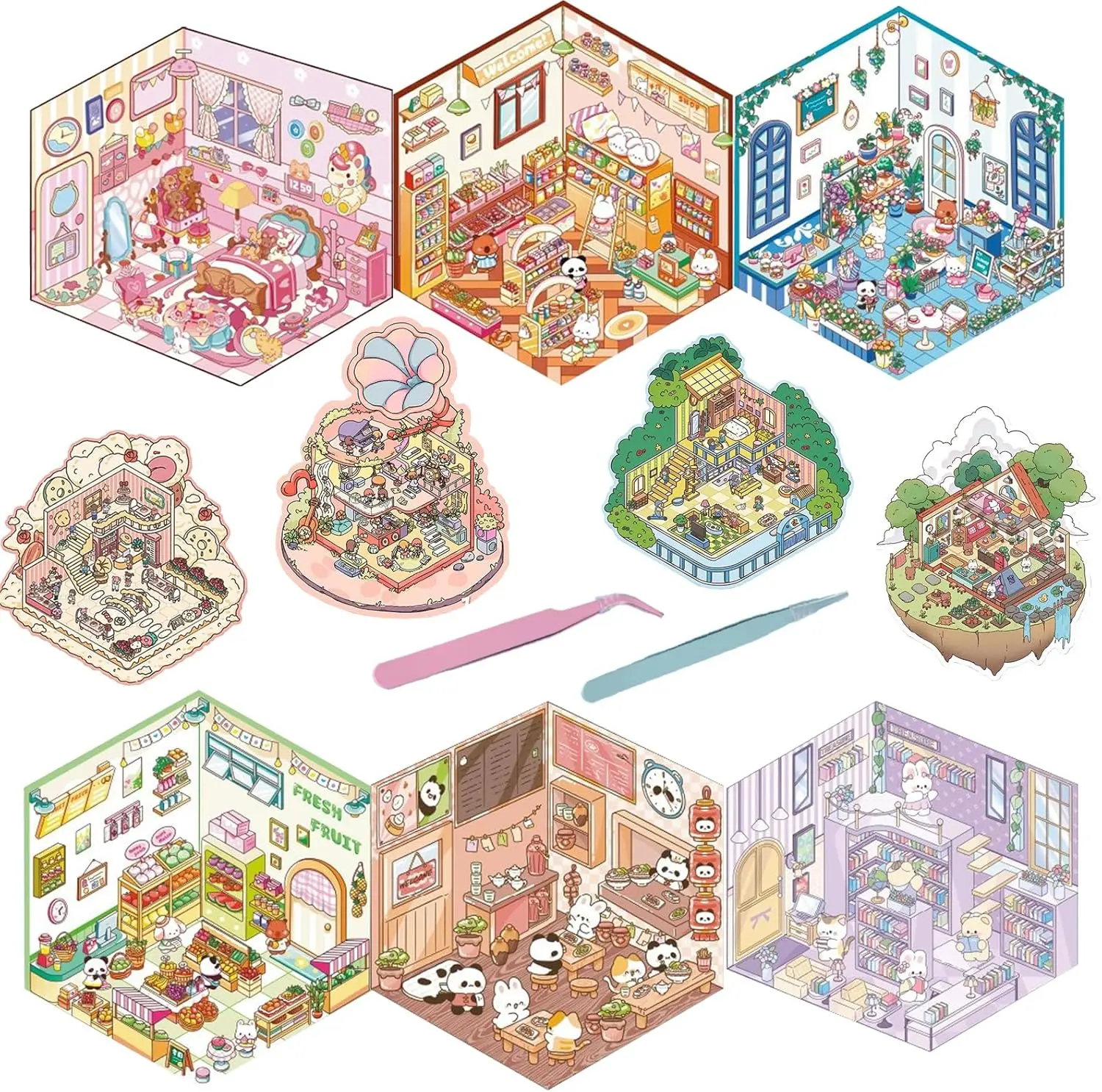 10 Sets 3D Scene Stickers DIY Decorative Stickers Cute Isometric Sticker Kawaii 3D House Cartoon Animal Sticker for Make Your Own Stickers Goodie Bags Crafts