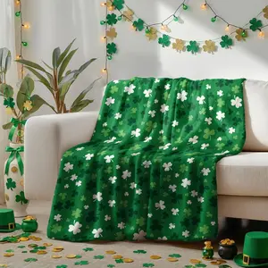 St. Patrick's Day Flannel Blanket Throw, Ultra Plush Lucky Spring Green Leaves Clover Shamrock Irish Printed Fleece Blanket for Couch Sofa Bed Lounging