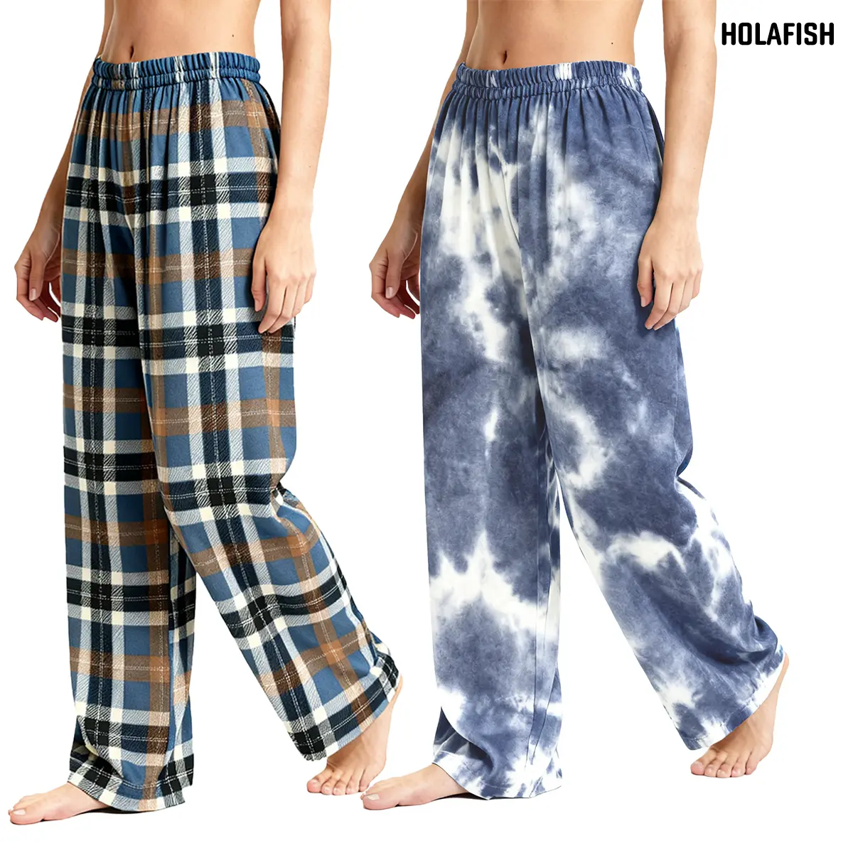 Women's Holafish 2-Pack Loose Polyester Pajama Pants - Tie Dye, Checked Patterns, Relaxed Fit, Stylish, Soft Breathable Unisex Sleepwear/Pyjamas for Home Comfort, Stylish And Comfortable, Baggy